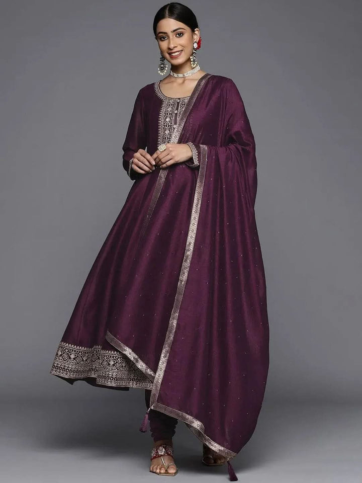Best Libas Kurta Set Trends for Festive and Daily Wear 2024 3 purple yoke design silk blend anarkali suit with dupatta libas 1
