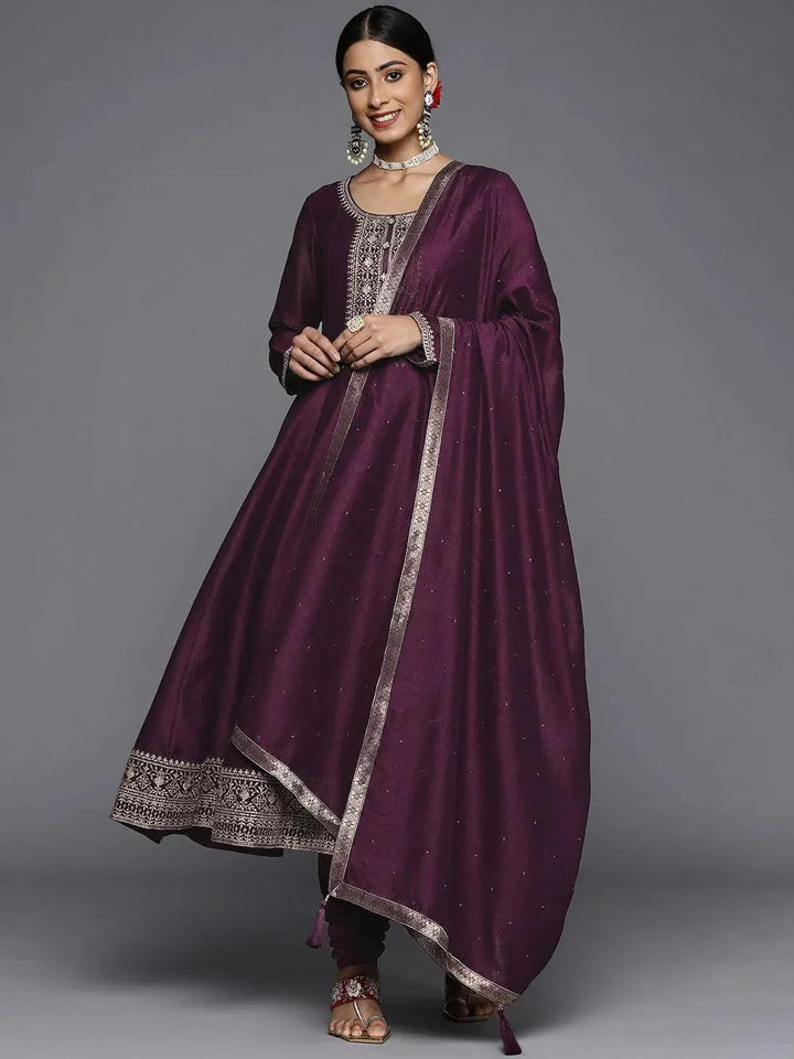 Purple Yoke Design Silk Blend Anarkali Suit Set - Libas