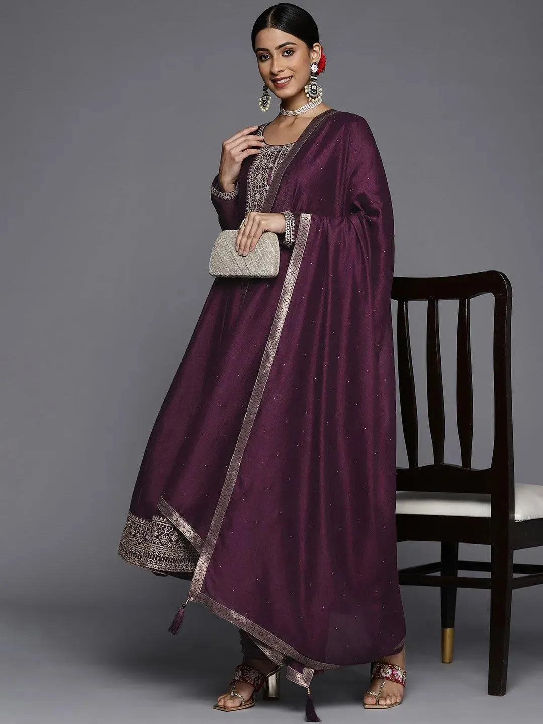 Purple Yoke Design Silk Blend Anarkali Suit Set - Libas 