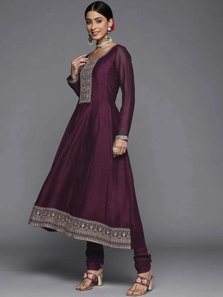 Purple Yoke Design Silk Blend Anarkali Suit Set - Libas