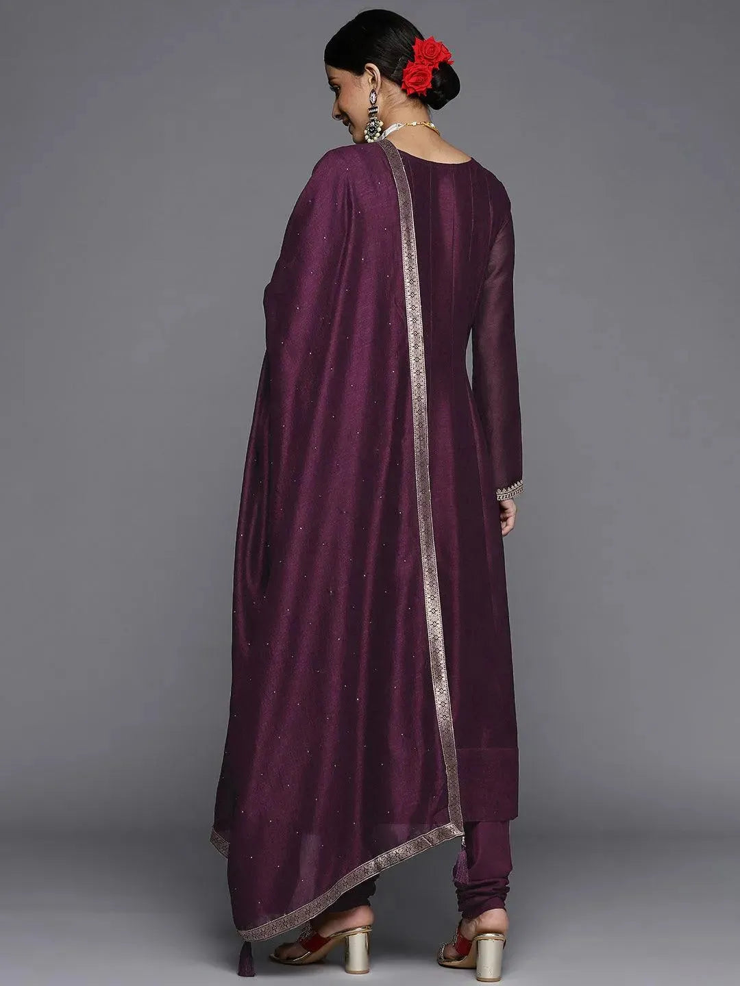 Purple Yoke Design Silk Blend Anarkali Suit Set - Libas 