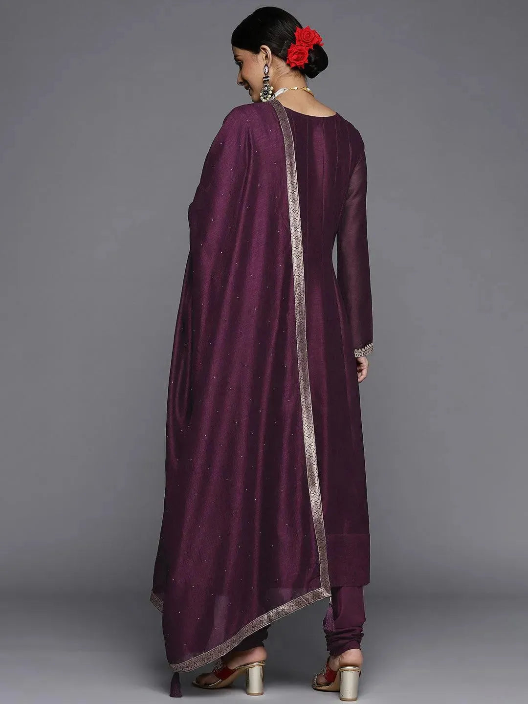 Purple Yoke Design Silk Blend Anarkali Suit Set - Libas