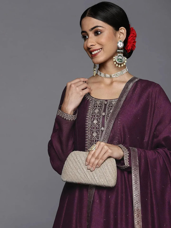 Purple Yoke Design Silk Blend Anarkali Suit Set - Libas