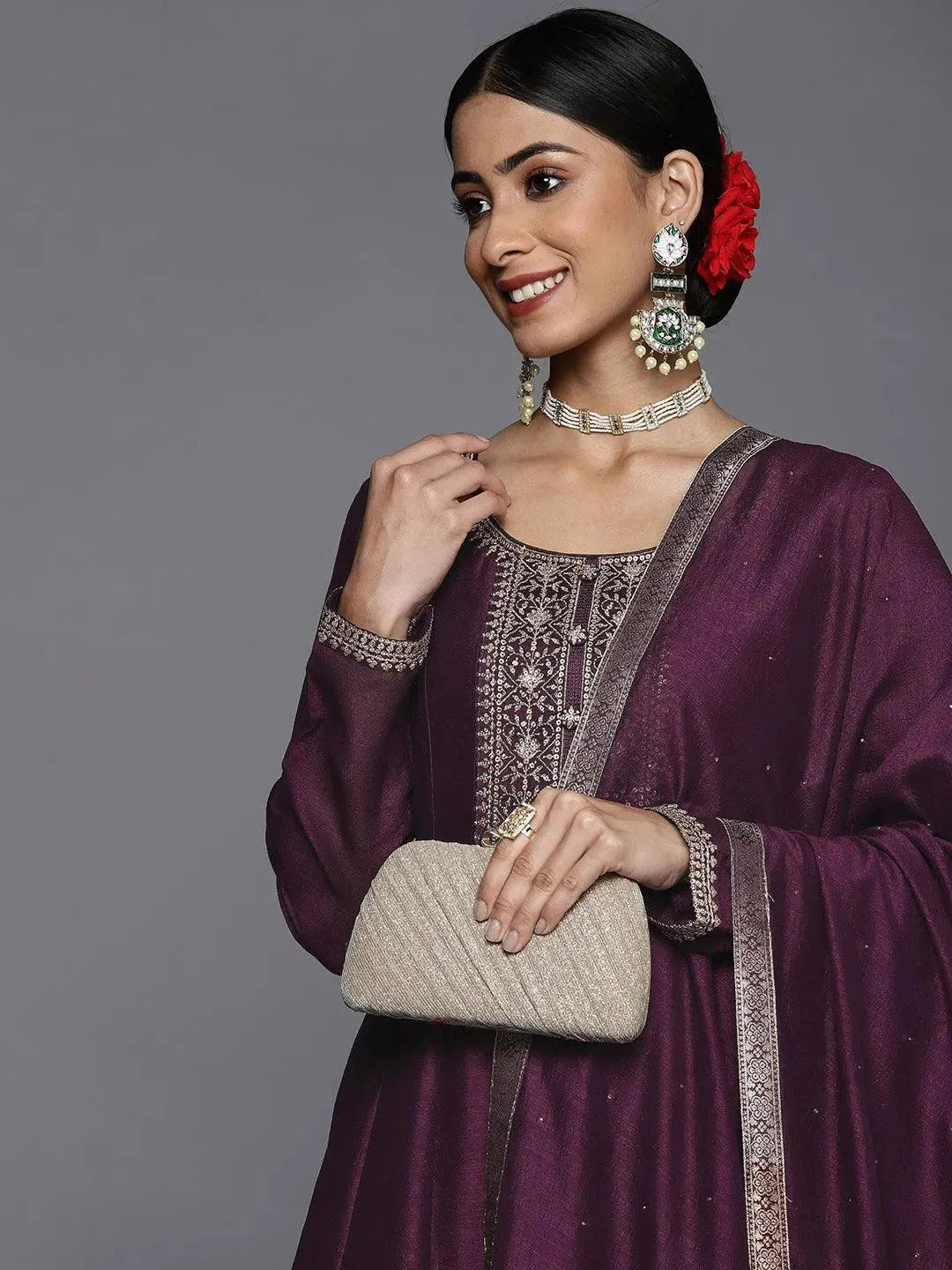 Purple Yoke Design Silk Blend Anarkali Suit Set - Libas 