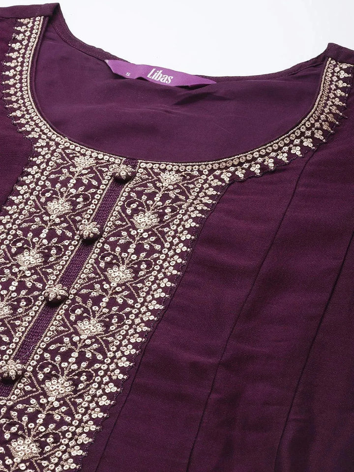 Purple Yoke Design Silk Blend Anarkali Suit Set - Libas