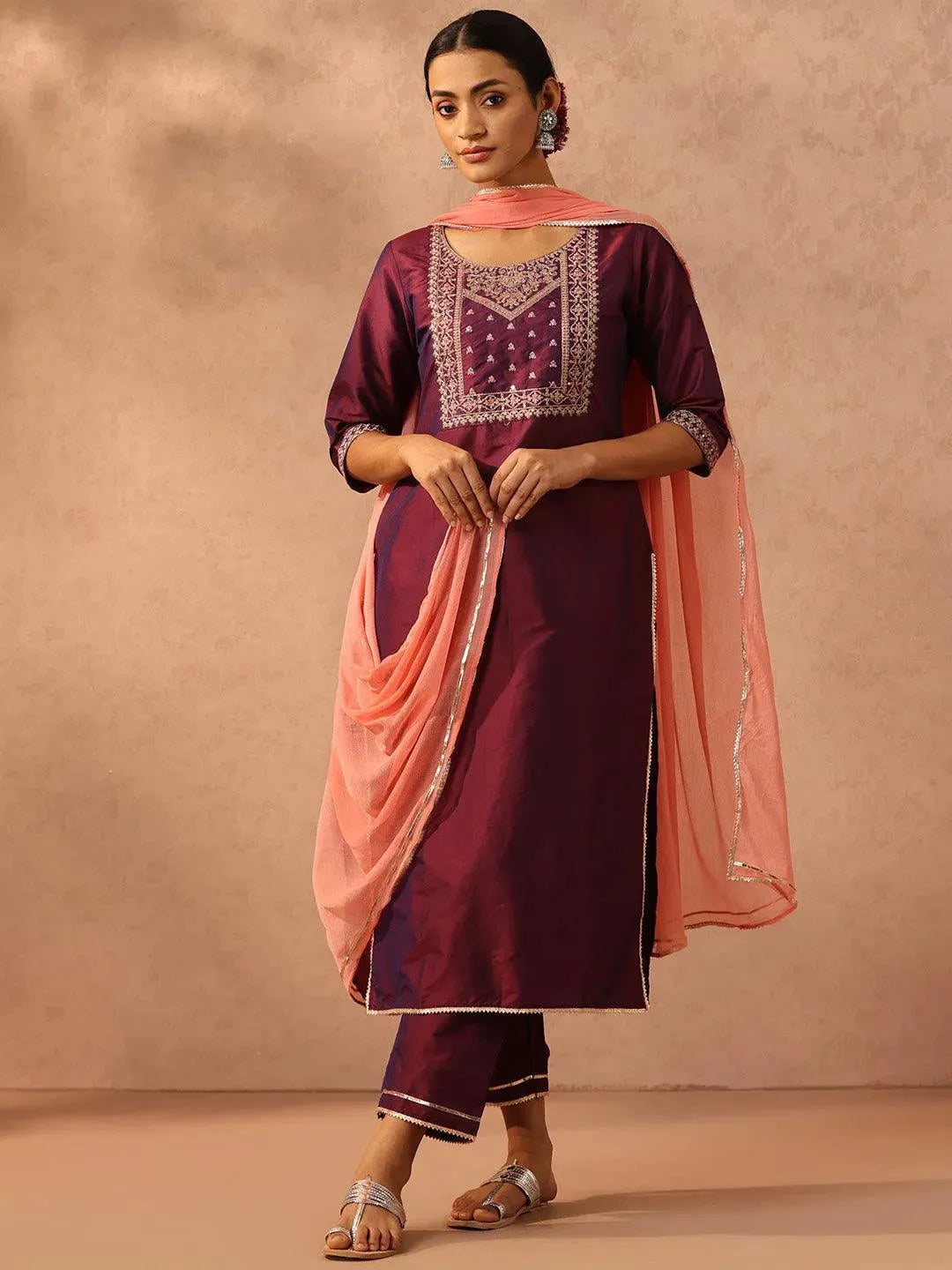 Purple Yoke Design Silk Blend Suit Set With Trousers - Libas