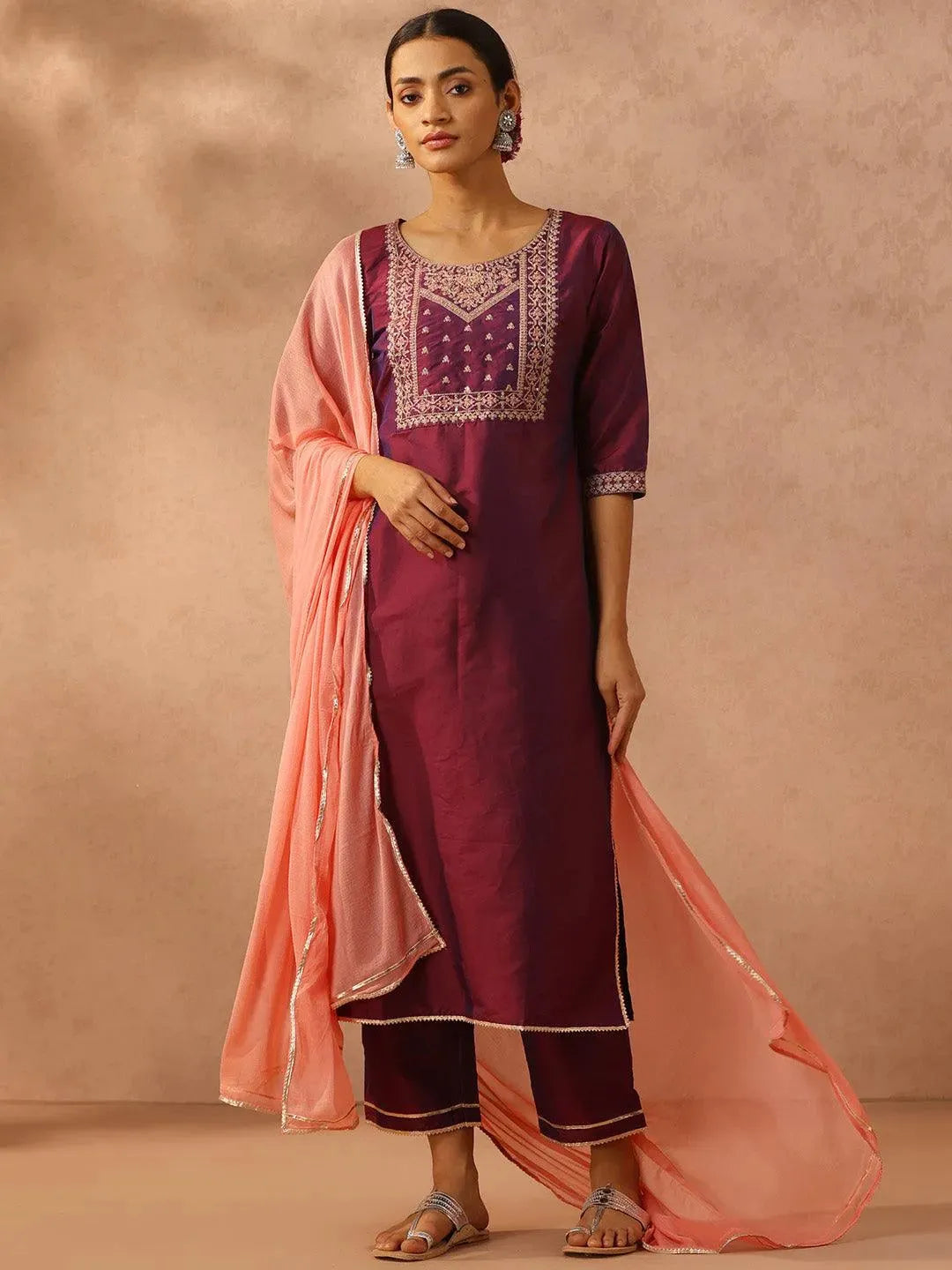 Purple Yoke Design Silk Blend Suit Set With Trousers - Libas 
