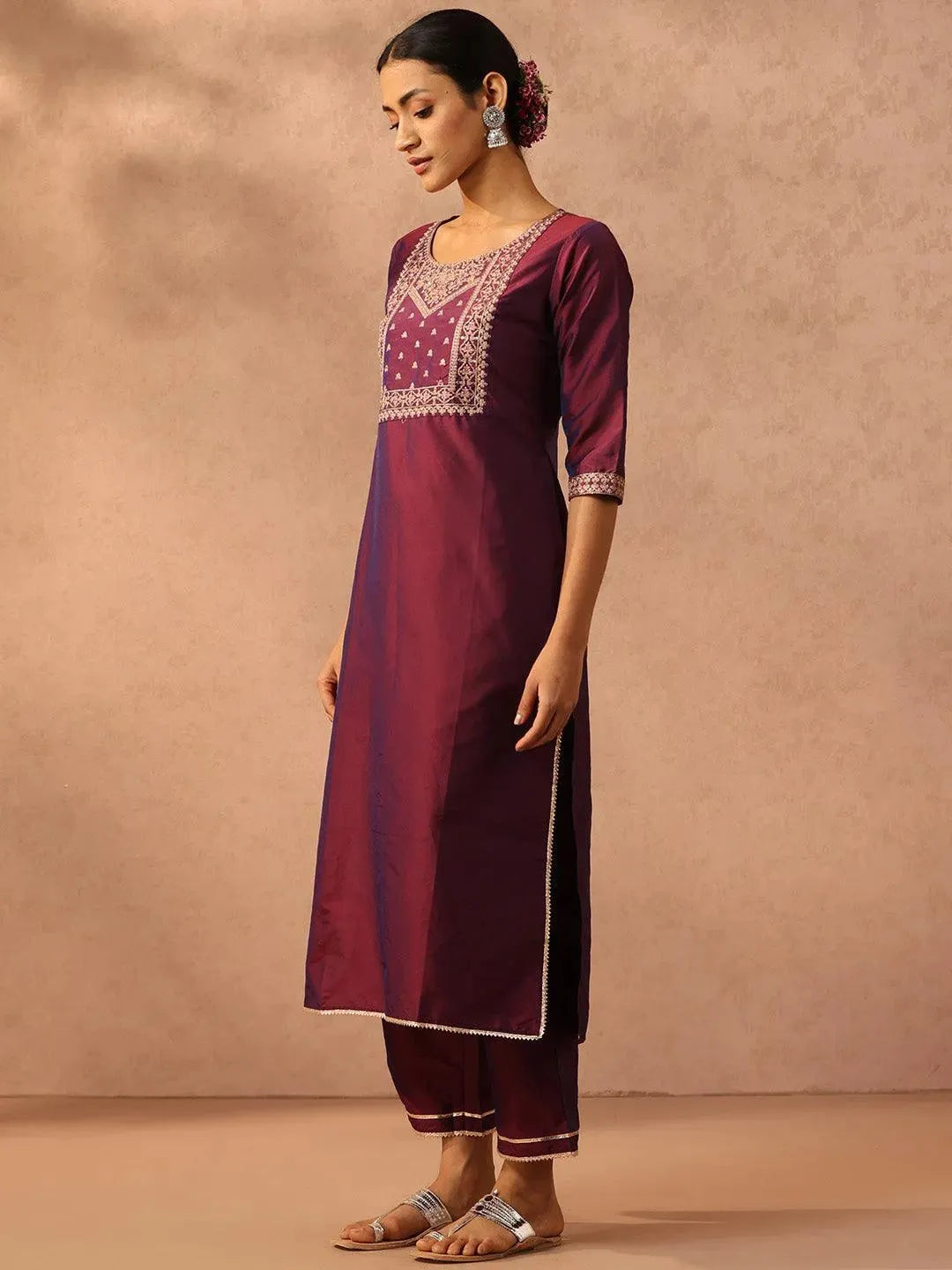 Purple Yoke Design Silk Blend Suit Set With Trousers - Libas