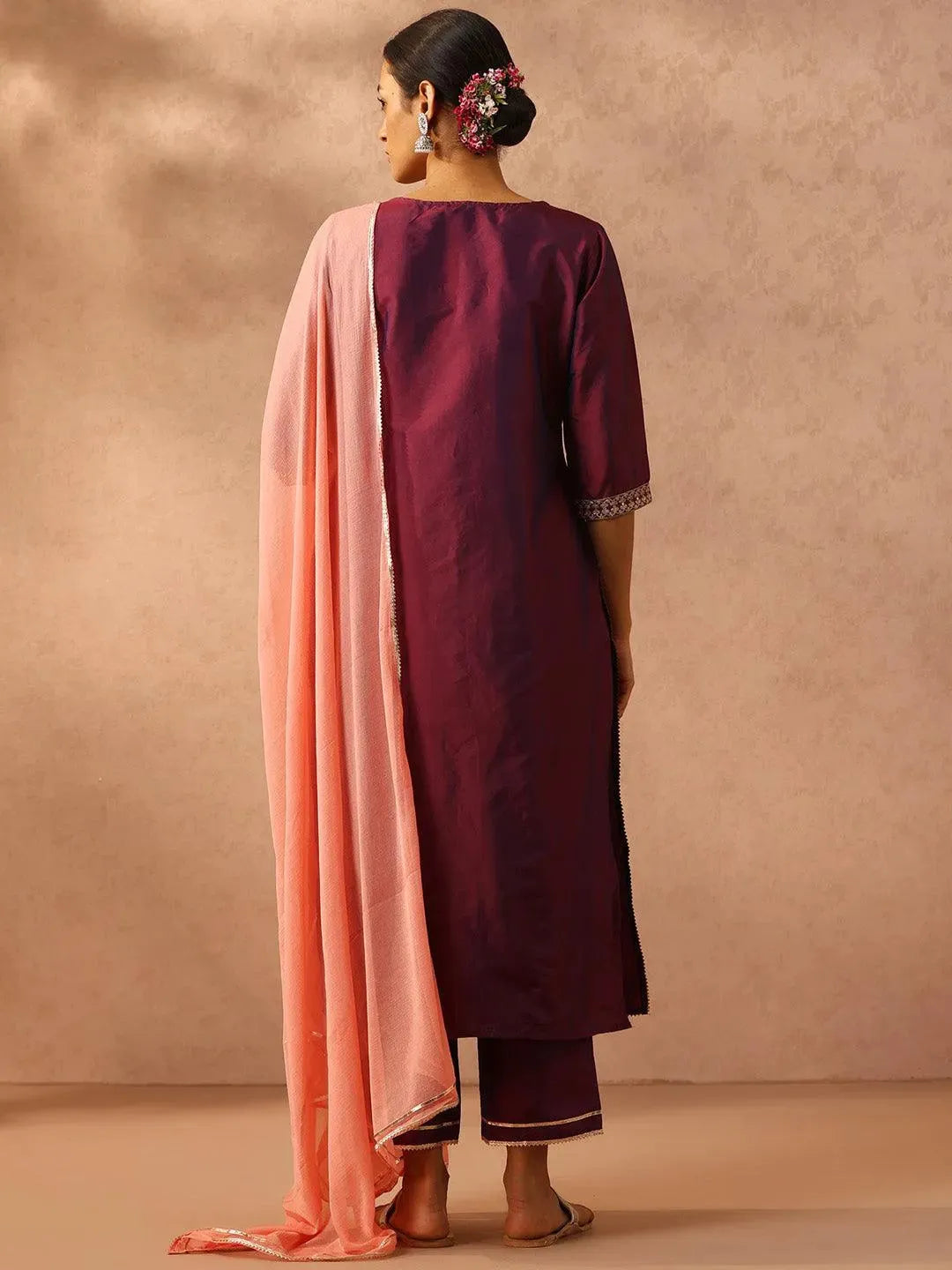 Purple Yoke Design Silk Blend Suit Set With Trousers - Libas