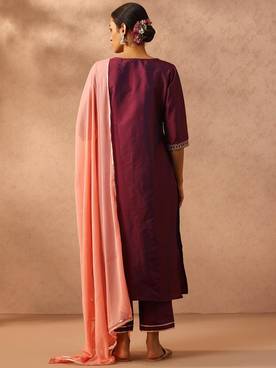 Purple Yoke Design Silk Blend Suit Set With Trousers - Libas