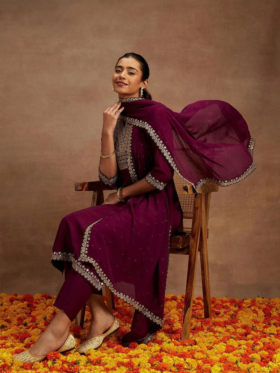 Purple Yoke Design Silk Blend Straight Kurta With Palazzos & Dupatta - Libas 