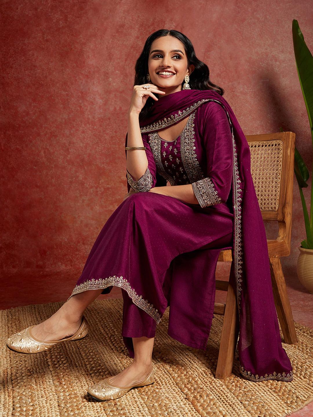 Purple Yoke Design Silk Blend Straight Suit With Dupatta