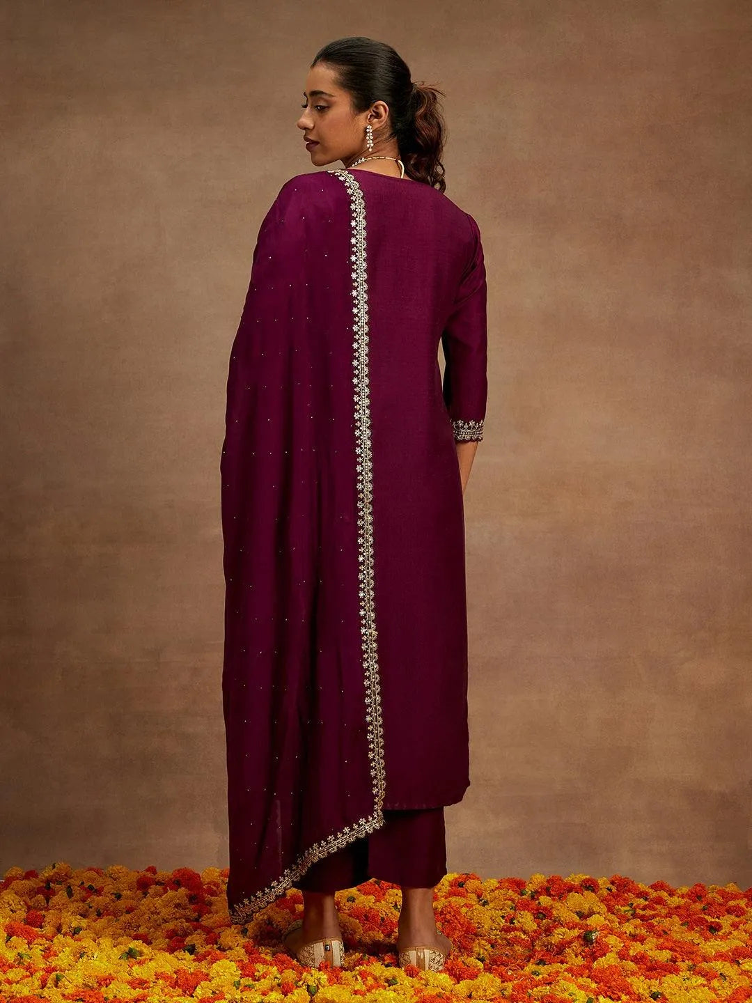 Purple Yoke Design Silk Blend Straight Kurta With Palazzos & Dupatta - Libas 