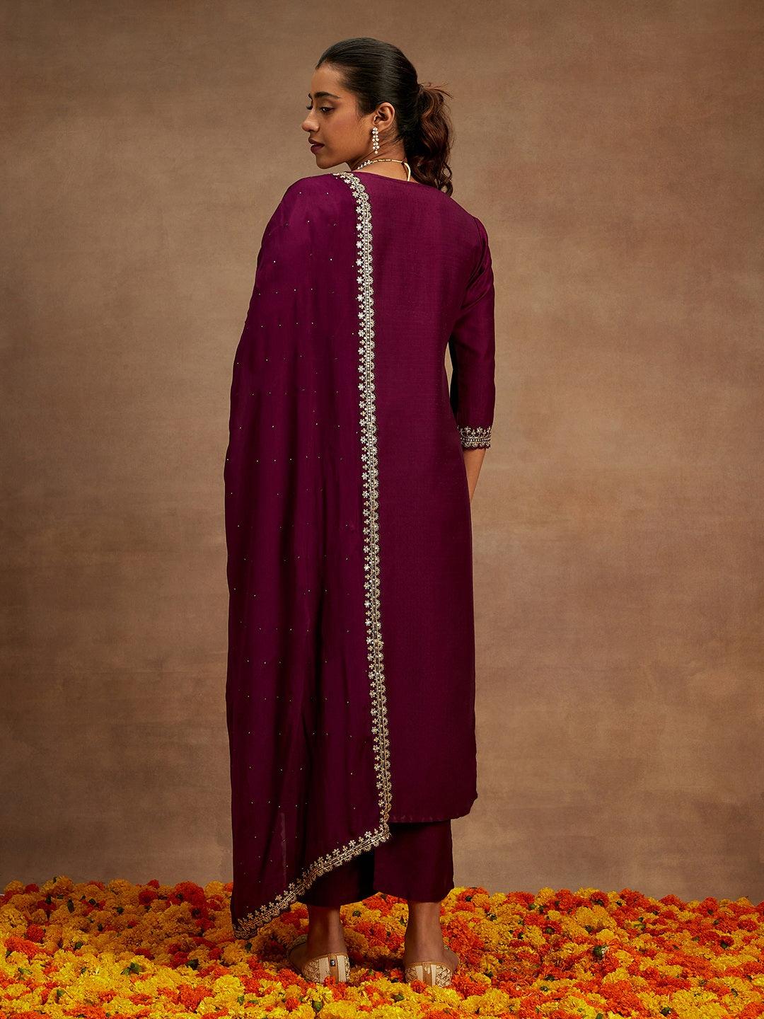 Purple Yoke Design Silk Blend Straight Kurta With Palazzos & Dupatta - Libas