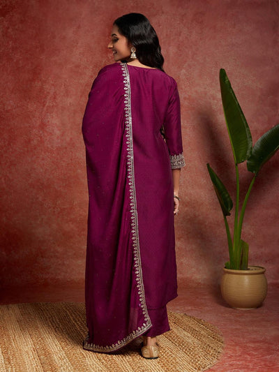 Purple Yoke Design Silk Blend Straight Kurta With Palazzos & Dupatta - Libas