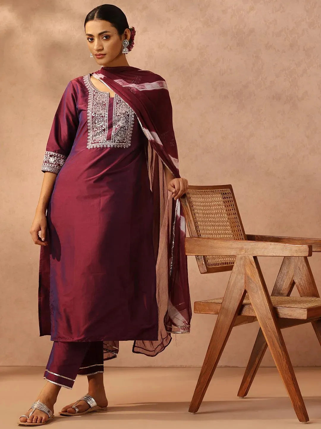 Purple Yoke Design Silk Blend Suit Set With Trousers - Libas