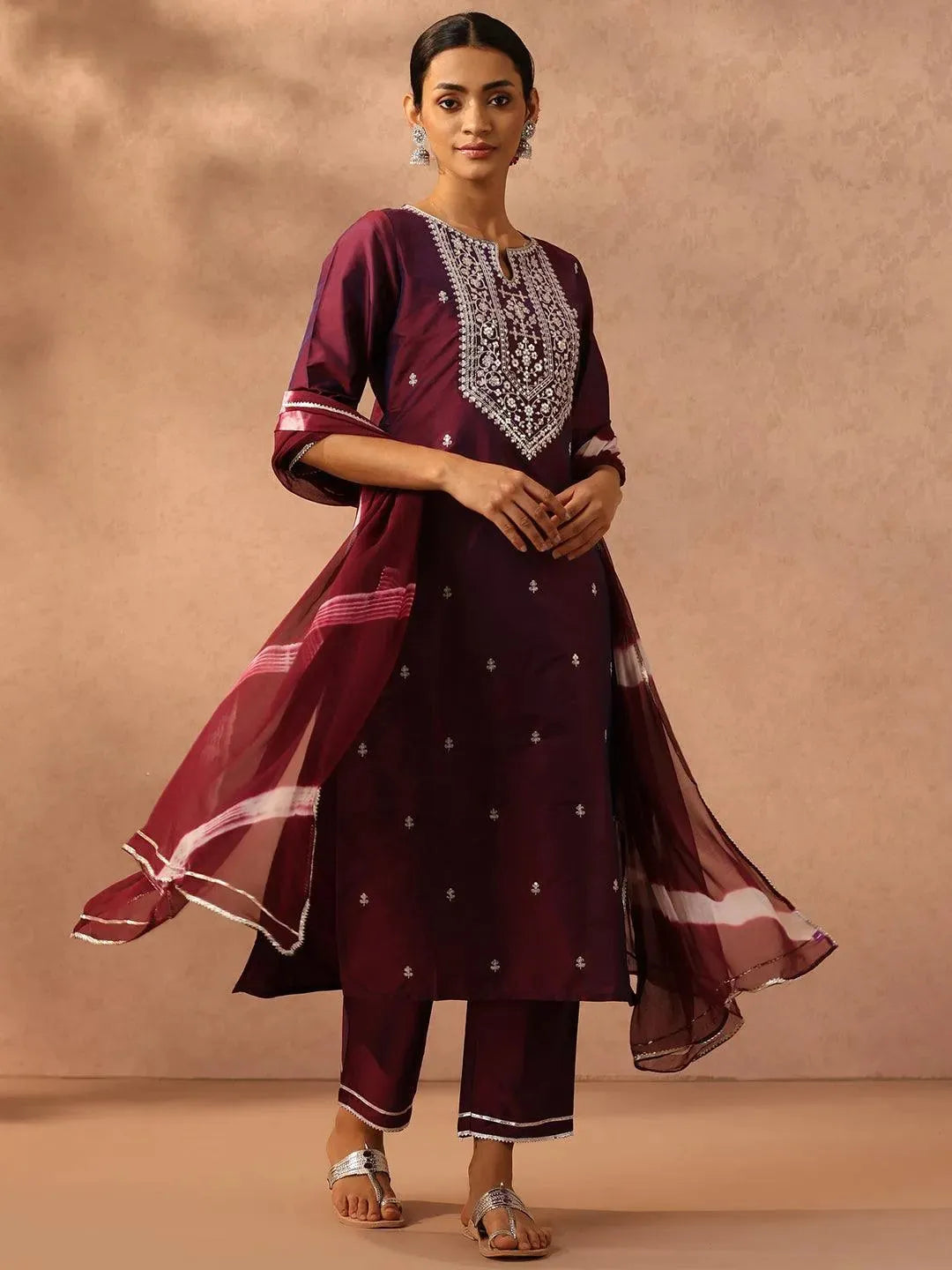 Purple Yoke Design Silk Blend Suit Set With Trousers - Libas