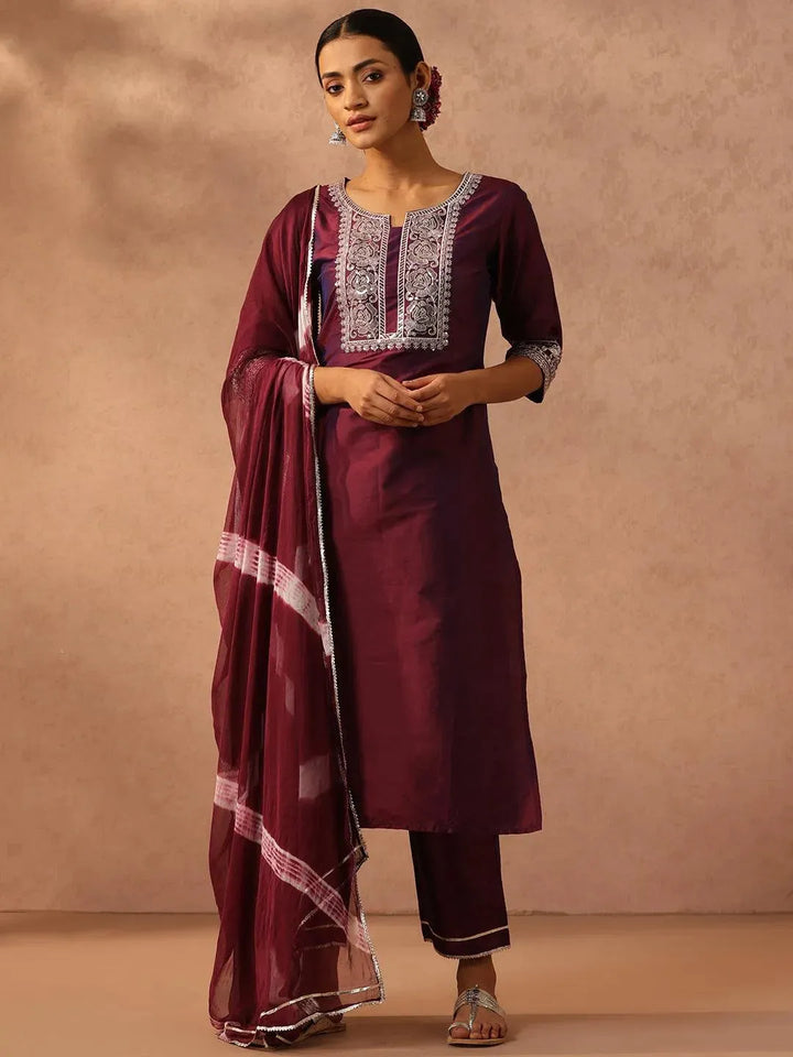 Purple Yoke Design Silk Blend Suit Set With Trousers - Libas