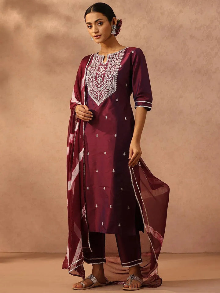 Purple Yoke Design Silk Blend Suit Set With Trousers - Libas
