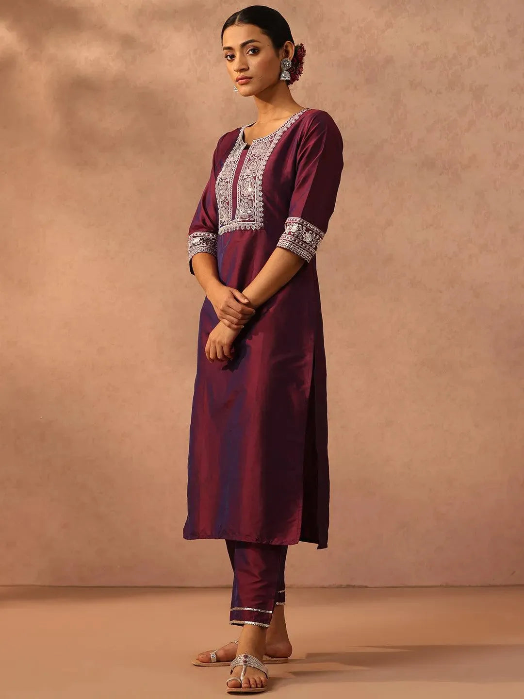 Purple Yoke Design Silk Blend Suit Set With Trousers - Libas 