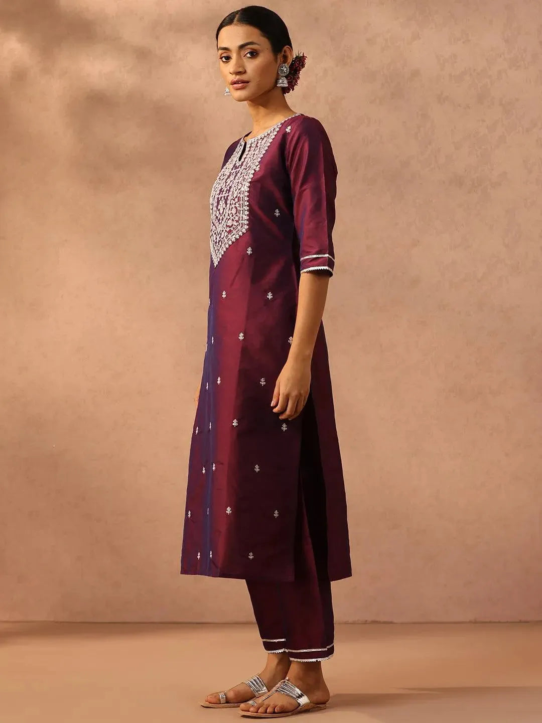 Purple Yoke Design Silk Blend Suit Set With Trousers - Libas 