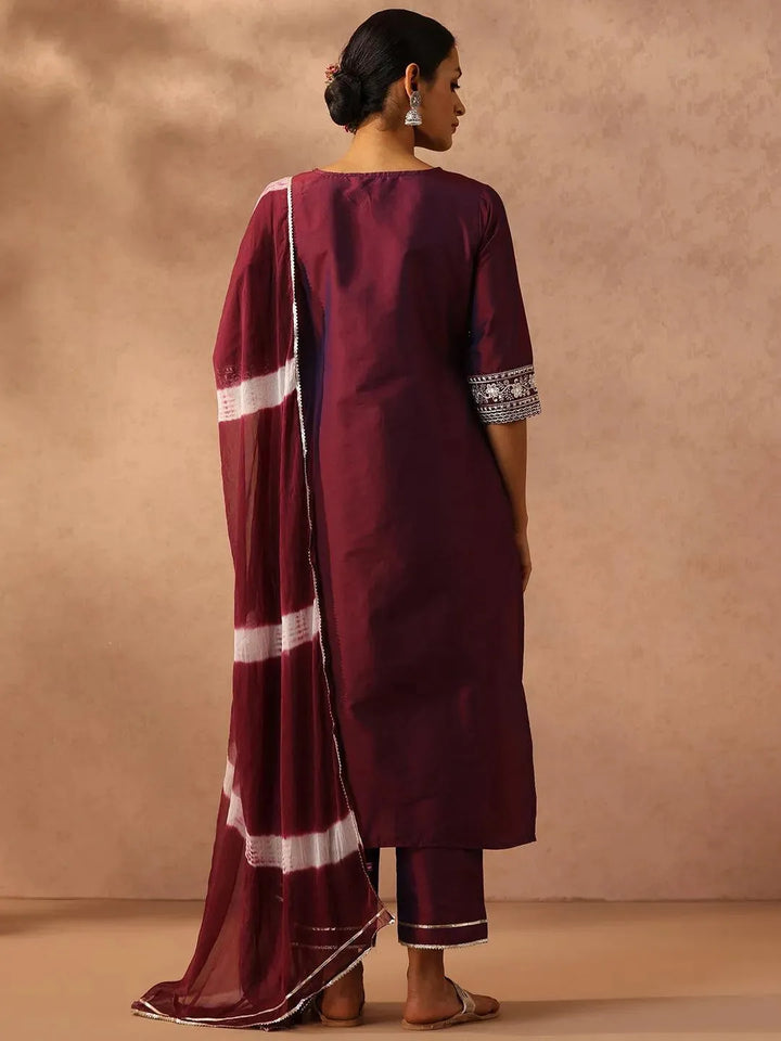 Purple Yoke Design Silk Blend Suit Set With Trousers - Libas