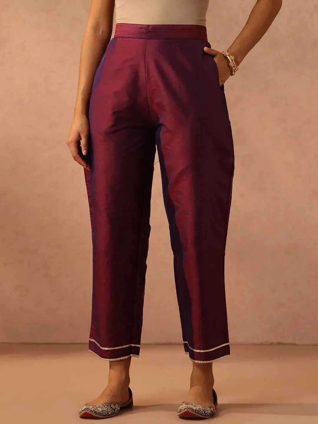Purple Yoke Design Silk Blend Suit Set With Trousers - Libas 