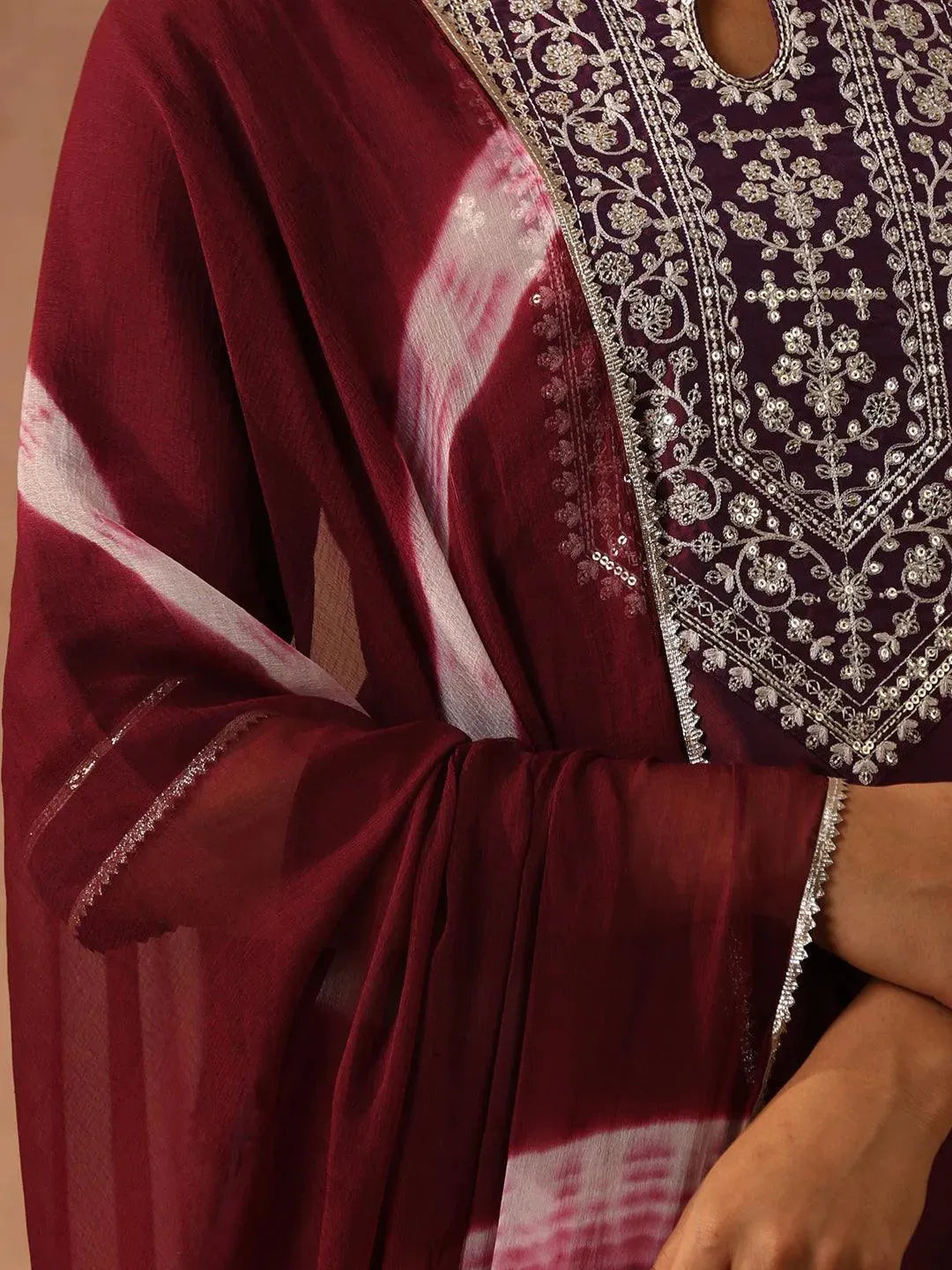 Purple Yoke Design Silk Blend Suit Set With Trousers - Libas 