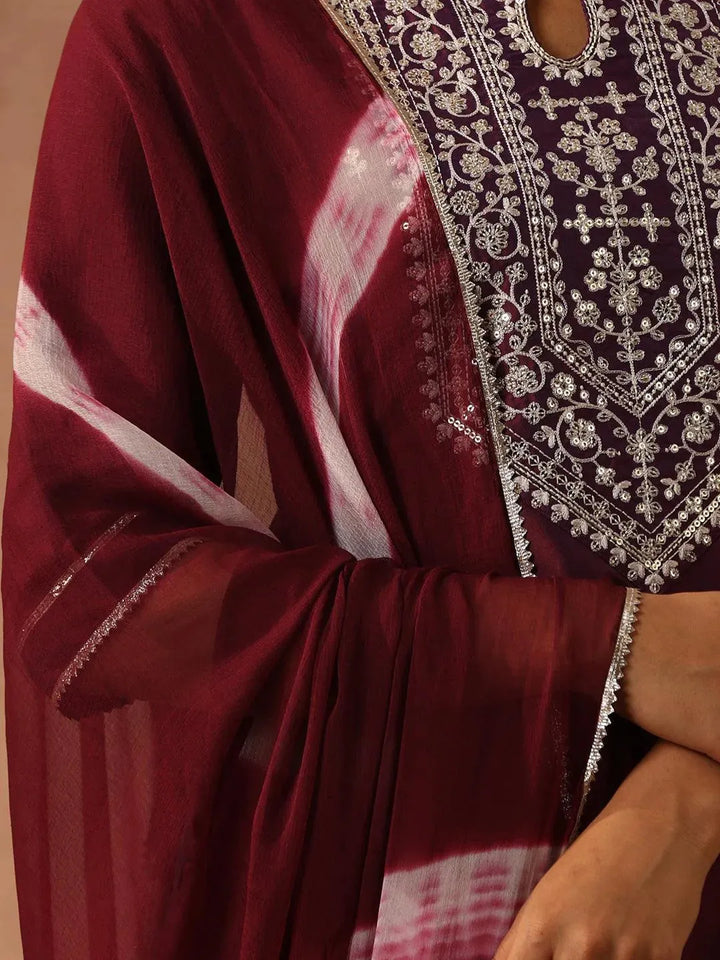 Purple Yoke Design Silk Blend Suit Set With Trousers - Libas