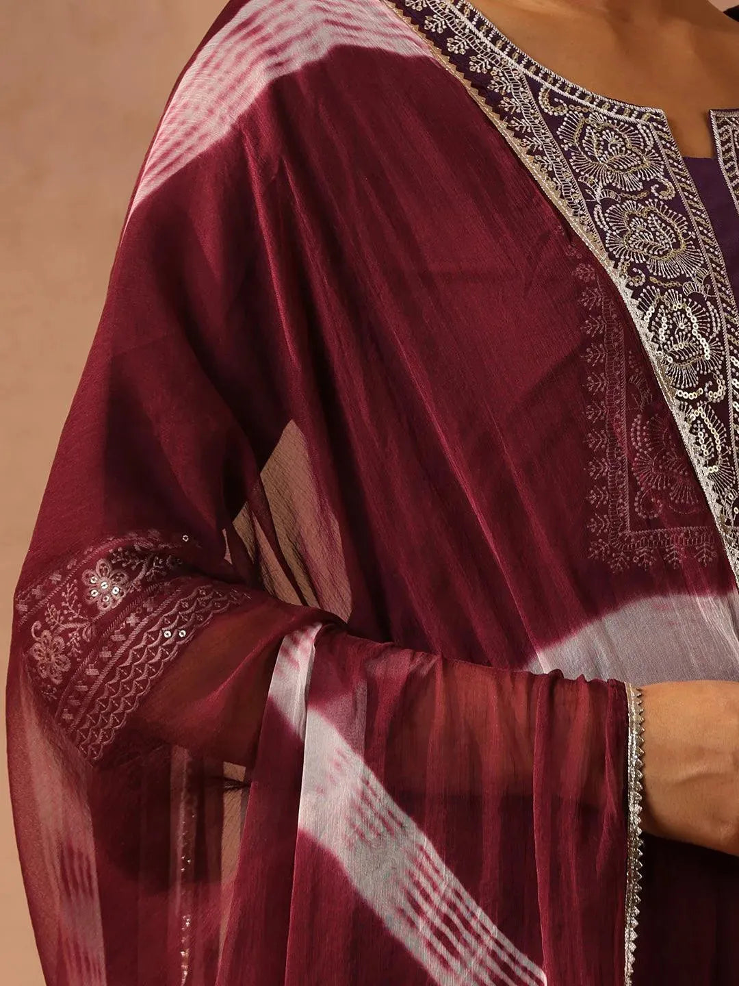 Purple Yoke Design Silk Blend Suit Set With Trousers - Libas 