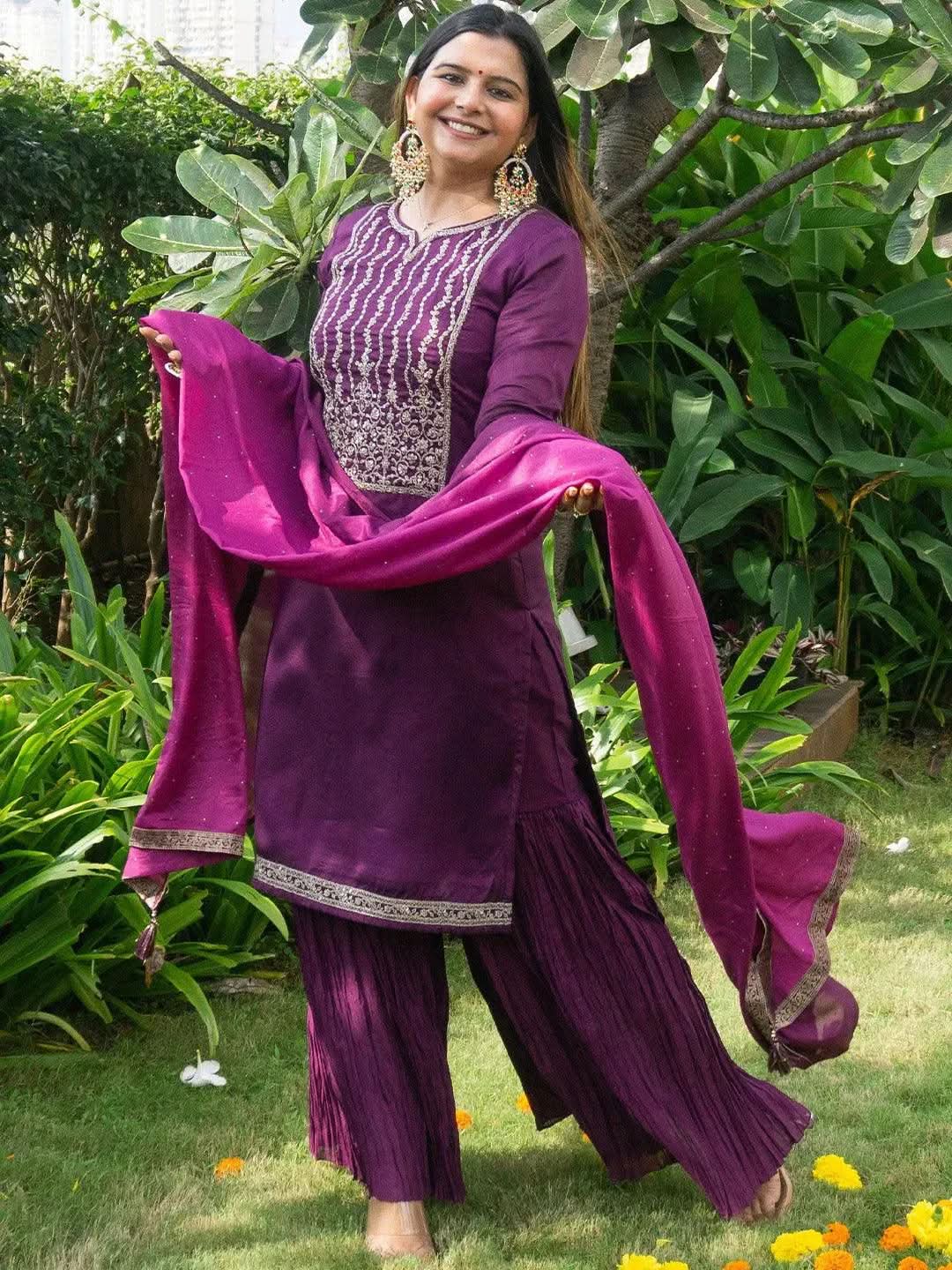 Buy Purple Yoke Design Silk Blend Straight Sharara Suit Set With