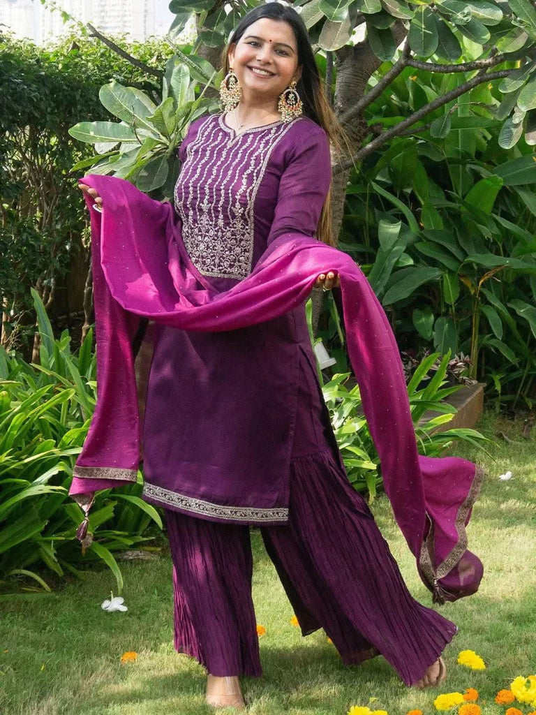 Libas Purple Yoke Design Silk Blend Straight Sharara Suit Set With Dupatta