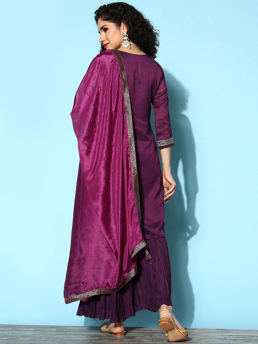 Purple Yoke Design Silk Blend Straight Suit Set - Libas