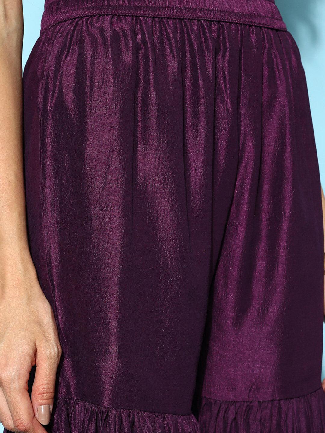 Purple Yoke Design Silk Blend Straight Sharara Suit Set With Dupatta