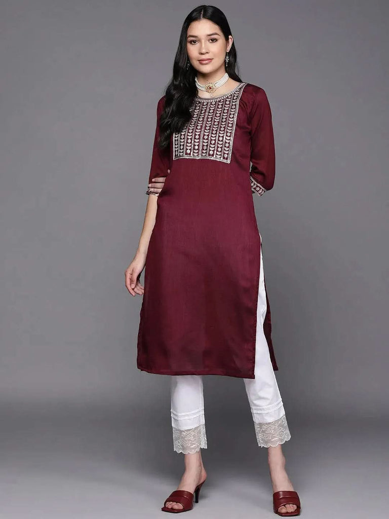 Libas Purple Yoke Design Silk Straight Kurta