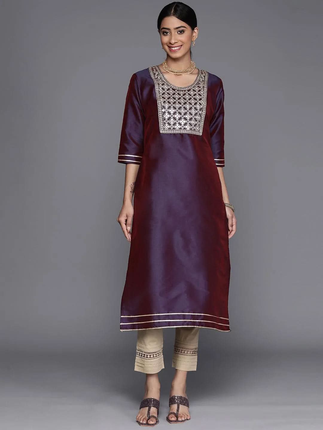 Purple Yoke Design Silk Straight Kurta - Libas 