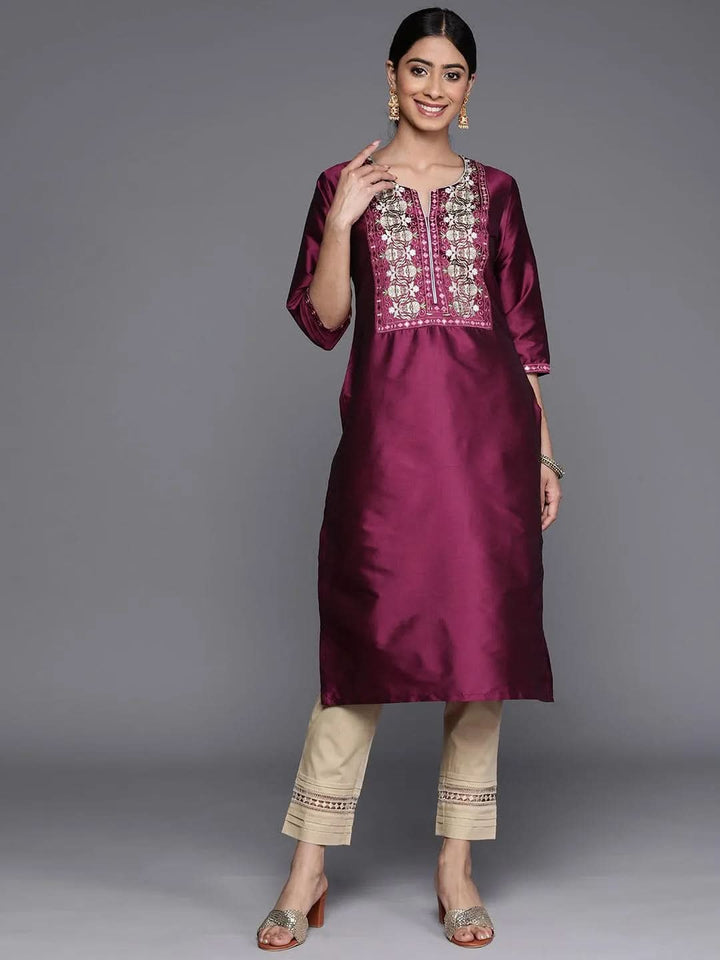 Purple Yoke Design Silk Straight Kurta - Libas