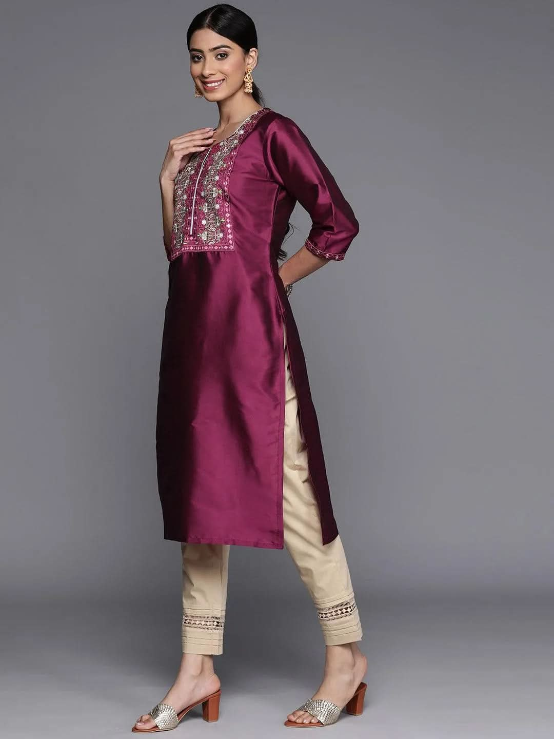 Purple Yoke Design Silk Straight Kurta - Libas