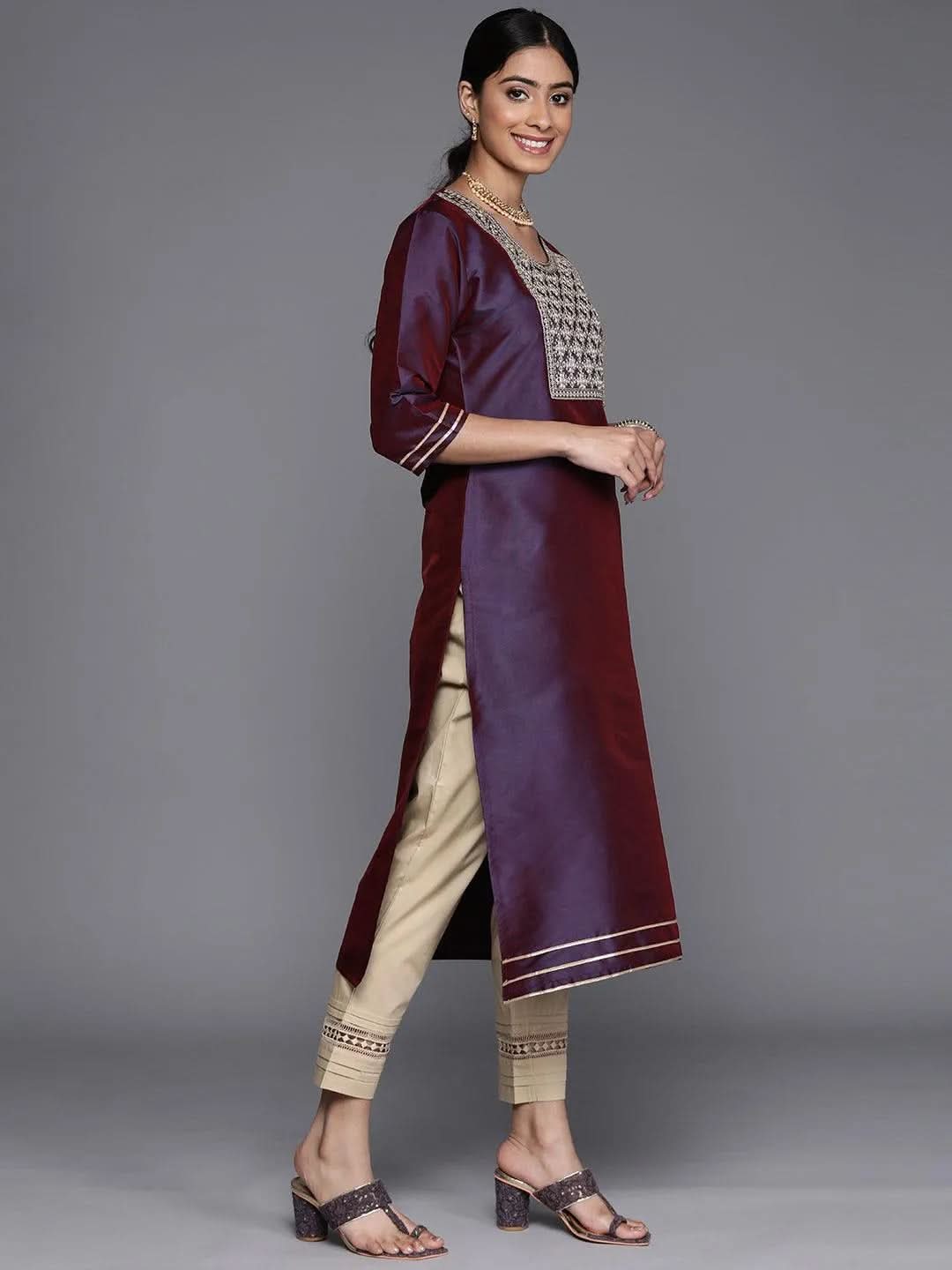 Purple Yoke Design Silk Straight Kurta - Libas 