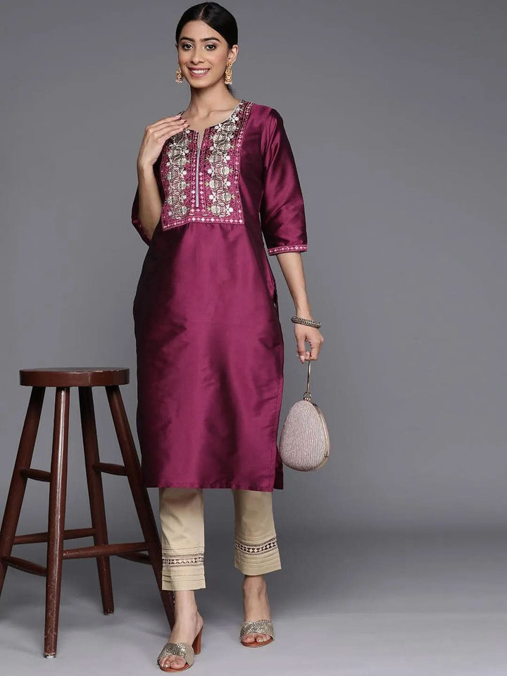 Purple Yoke Design Silk Straight Kurta - Libas