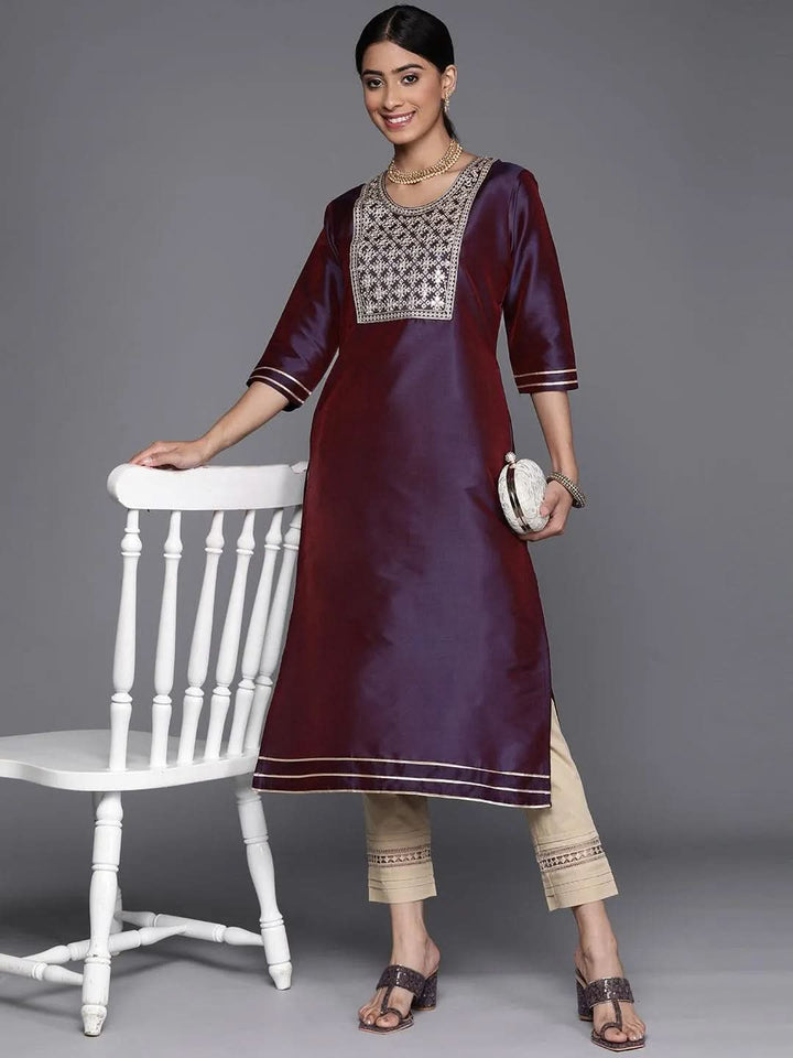 Purple Yoke Design Silk Straight Kurta - Libas