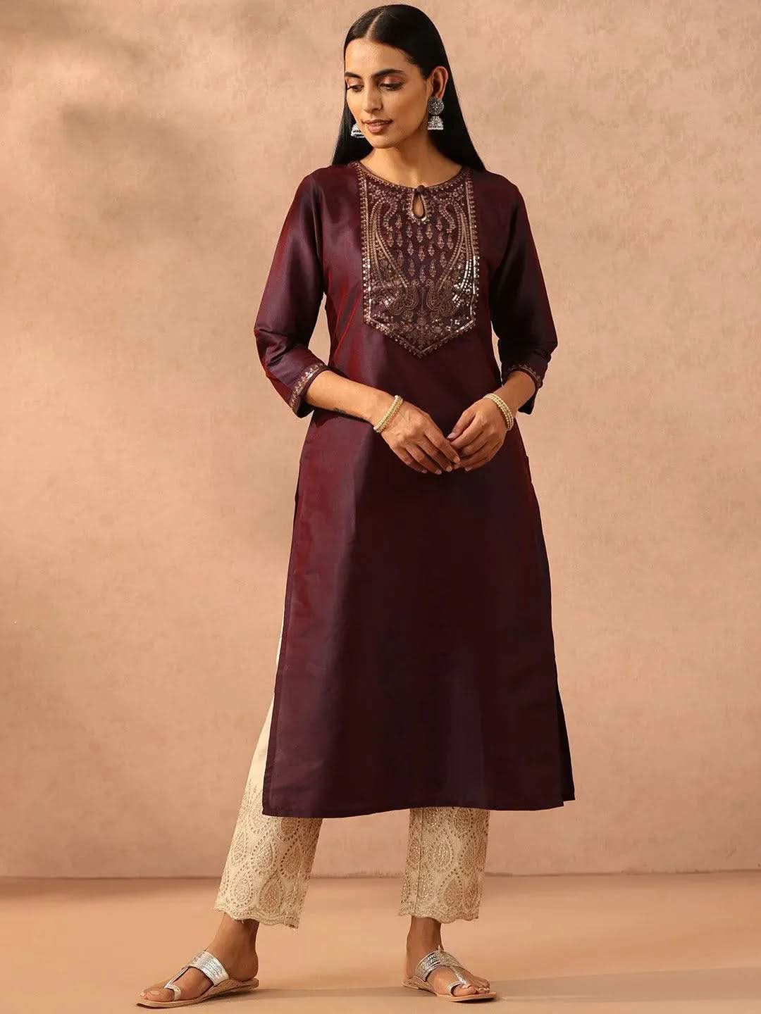 Purple Yoke Design Silk Straight Kurta - Libas 
