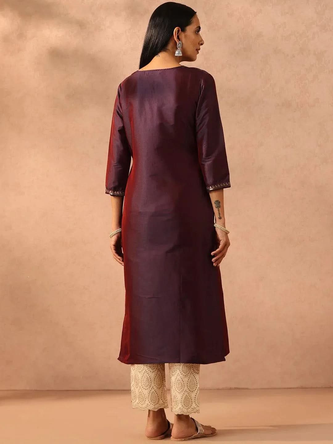 Purple Yoke Design Silk Straight Kurta - Libas 