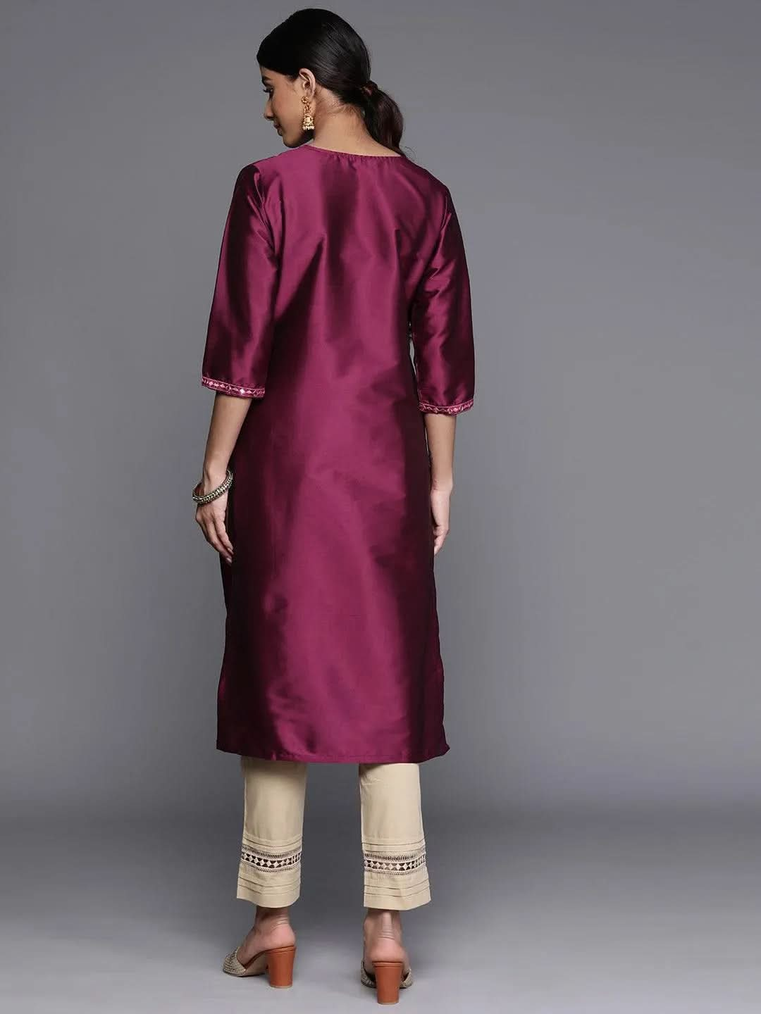 Purple Yoke Design Silk Straight Kurta - Libas