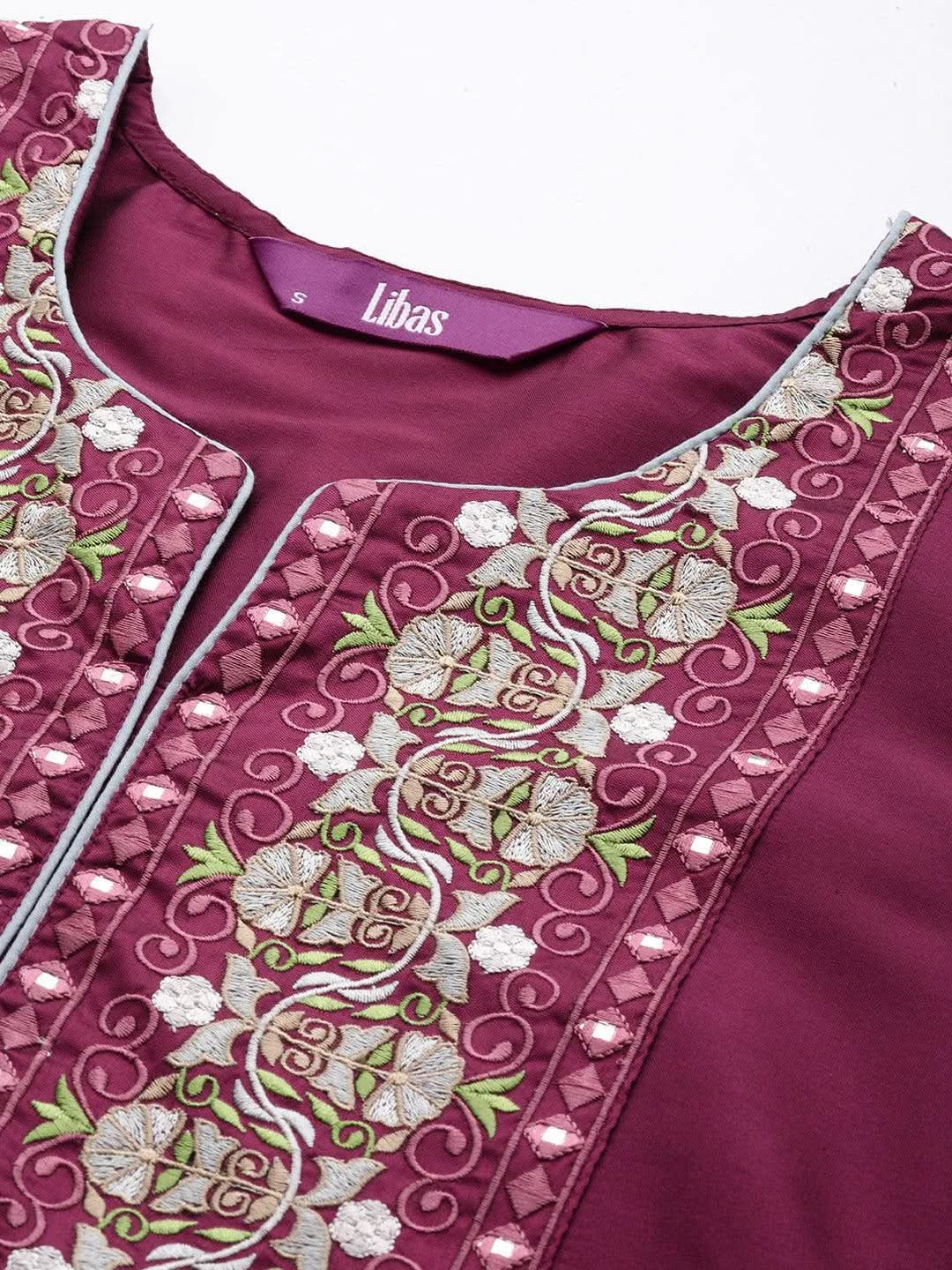 Purple Yoke Design Silk Straight Kurta - Libas 