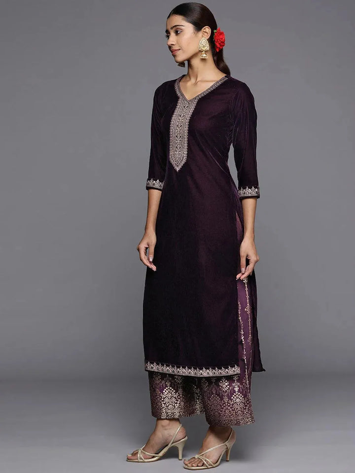 Purple Yoke Design Velvet Straight Suit Set - Libas