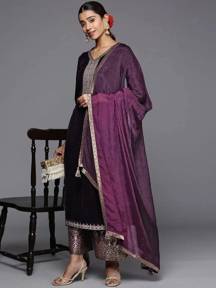 Purple Yoke Design Velvet Straight Suit Set - Libas