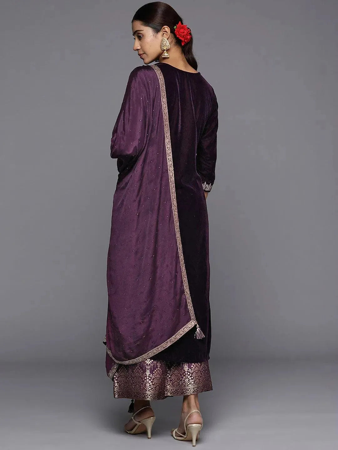 Purple Yoke Design Velvet Straight Suit Set - Libas 