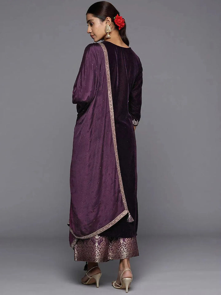 Purple Yoke Design Velvet Straight Suit Set - Libas