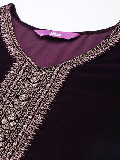 Purple Yoke Design Velvet Straight Suit Set - Libas